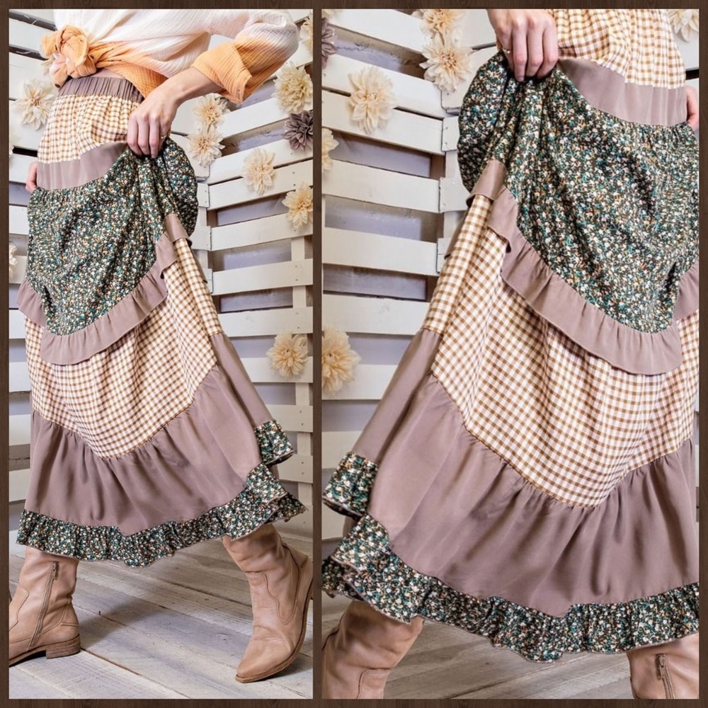 EASEL "Mix & Match" Gingham & Floral Print Ruffle Trim Tiered Maxi Skirt & Dress - Picture 6 of 16